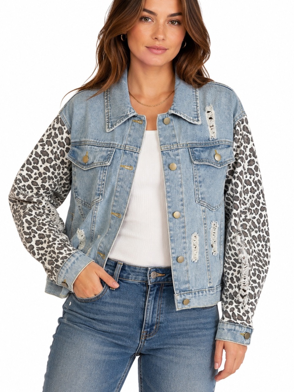 Distressed Light Wash Denim Jacket With Leopard Print Long Sleeves Ladies Medium